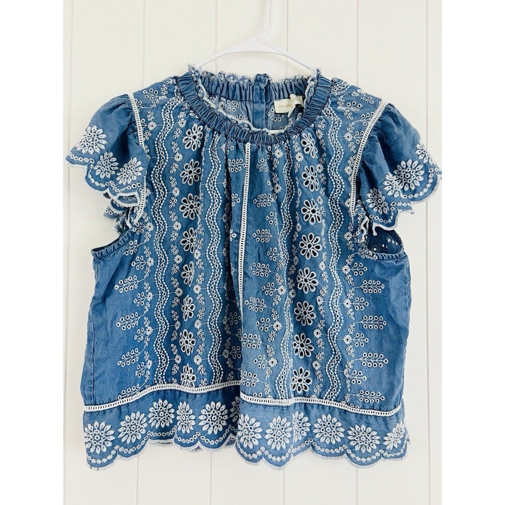 Jennifer & Grace Blue & White Daisy Print Eyelet Cottagecore Boho Blouse Size XL